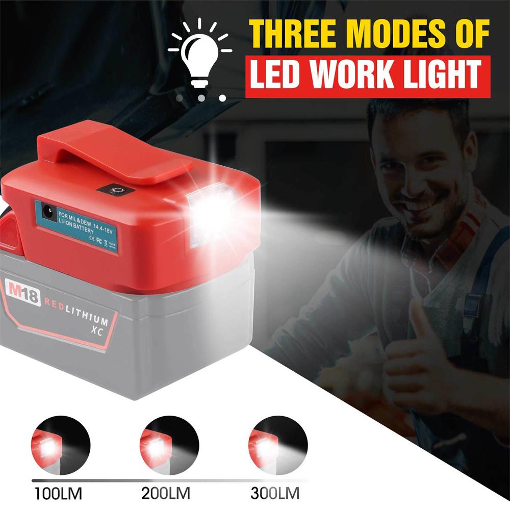 With LED Work Light 2-USB Ports Adapter for Milwaukee M18 18V Power Source Adapter