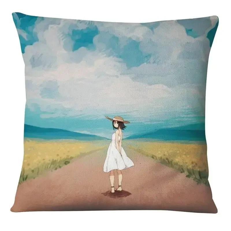 Japanese Style Cartoon Painting Pillowcase Little Girl Sky Print Pillowcase Bedroom Home Decoration Sofa Cushion Cover