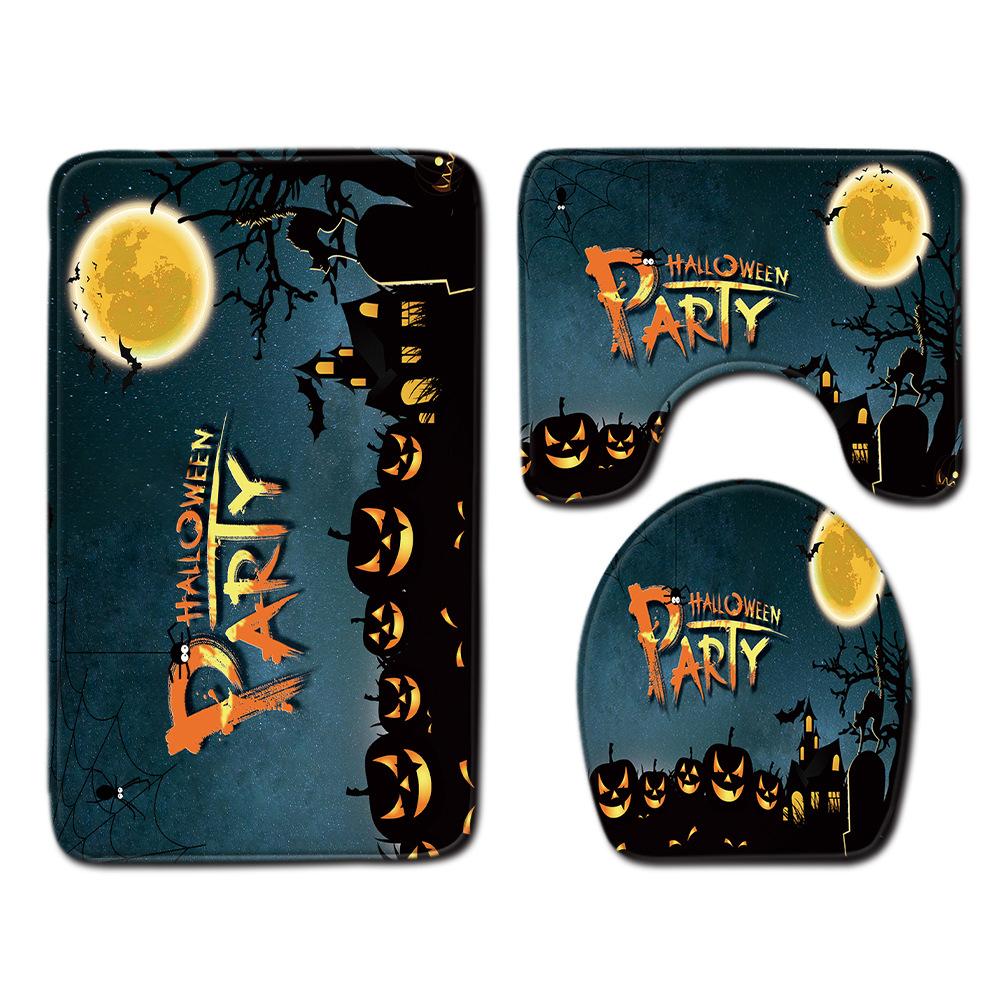 Halloween Shower Curtain Floor Mat Combination Four-Piece Set Bathroom Toilet Carpet Shower Room Foot Mat