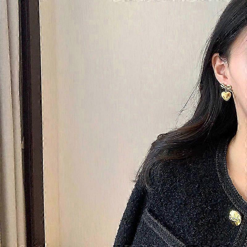 Gold Heart Dangle Earrings For Women, Ribbon Bow Dangle Earrings, Gift For Valentine's Day Anniversary Birthday