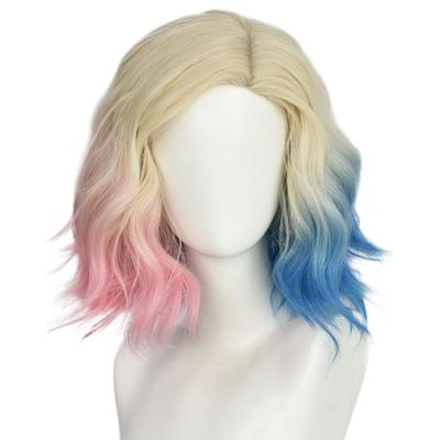 Blue and Pink Cosplay Wig for Women Short Blonde with Pink and Blue Ombre Hair Short Synthetic Bob Wave Wig for Cosplay