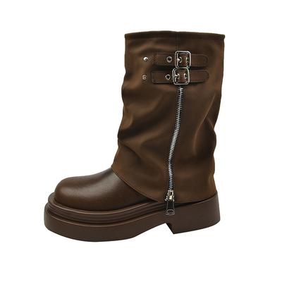 Thick Bottom Platform Boots Women New Pantyhose Cowboy Boots Zip Belt Buckle Design Boots for Women PU Leather Ankle Boots