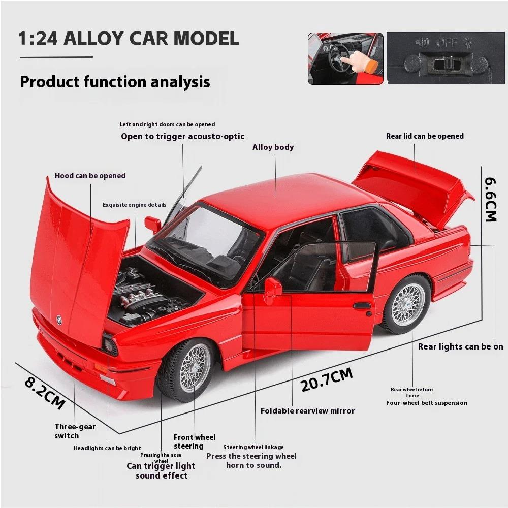 1/24 BMW M3 E30 1988 Supercar Modello in Lega Auto da Corsa Giocattolo Fusione in Metallo Diecast Giocattoli Auto con Suono e Luce per Bambini Regali Veicolo