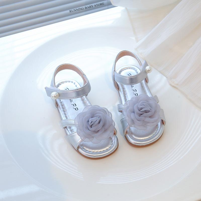 

New Princess Shoes Girl Sandals with Tulle Rose Decor Little Girls Dress Shoes for Summer School Runway Performance shoes I05252 22 серебряный
