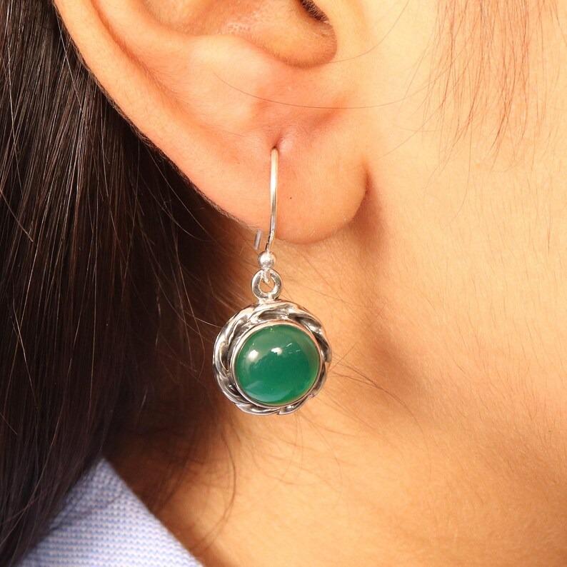 Solid 925 Sterling Silver Earrings Handmade Designer Earrings Round Stone Green Onyx Earring Gift For Her