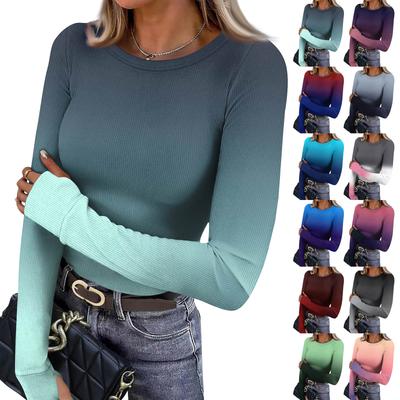 Women's  And Winter Slim Bottom T-shirt Fashion Casual Gradient Printing Round Neck Pullover Long Sleeve Top