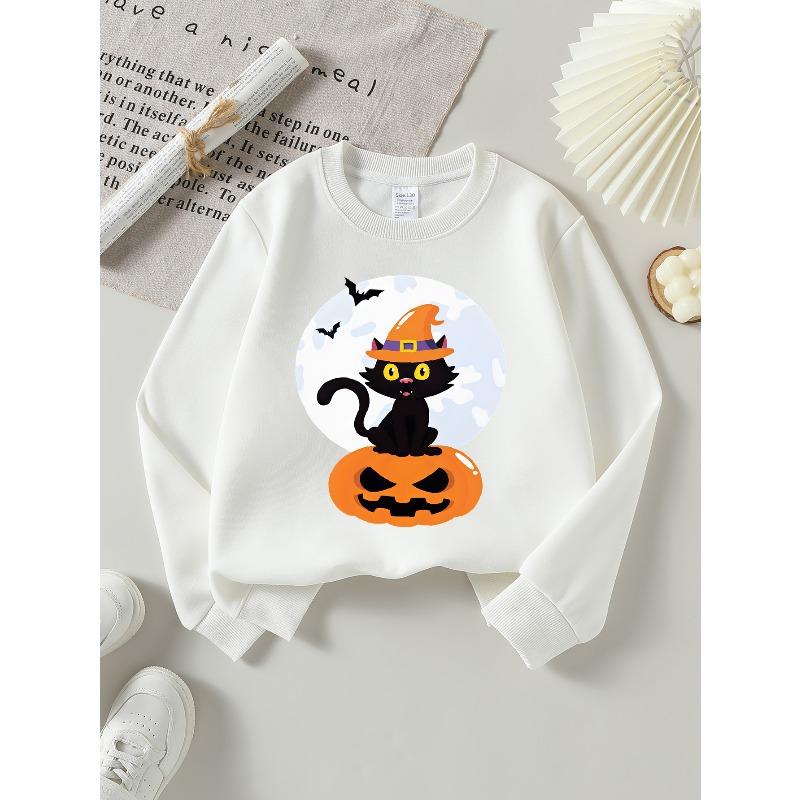 Girls Halloween Crew Neck SweatshirtHalloween Black Cat Witch Hat Pumpkin Print_1, Fun Print Kids Autumn Clothing