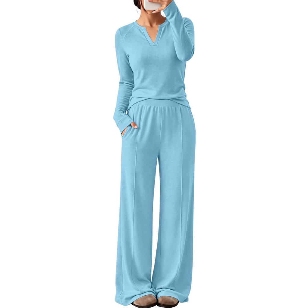 Women's V-Neck Long Sleeve Sweatshirt and Pants Set Casual Two Piece Outfit for Workout and