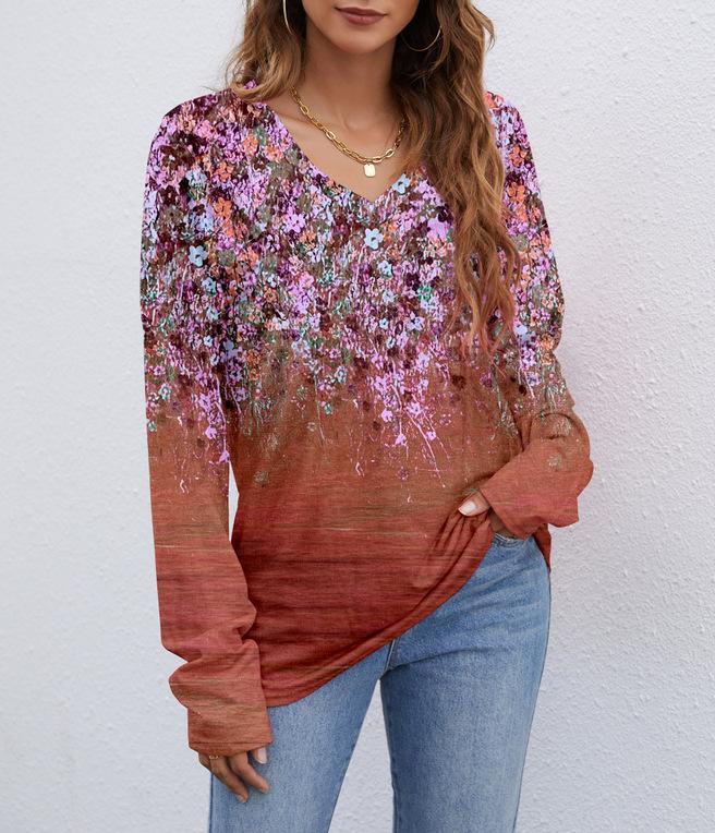 Europe, America wish Amazon independent station autumn and winter new V-neck printing long-sleeved women's T-shirt top