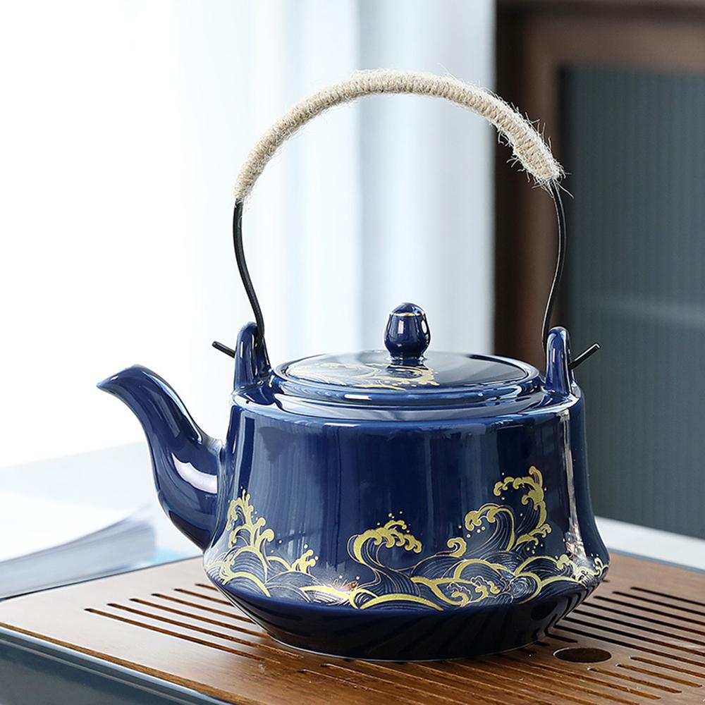 Blue Ceramic Teapot, Large capacity cooling water kettle, Brewing tea pot with tea strainer, Restaurant handle style tea kettle