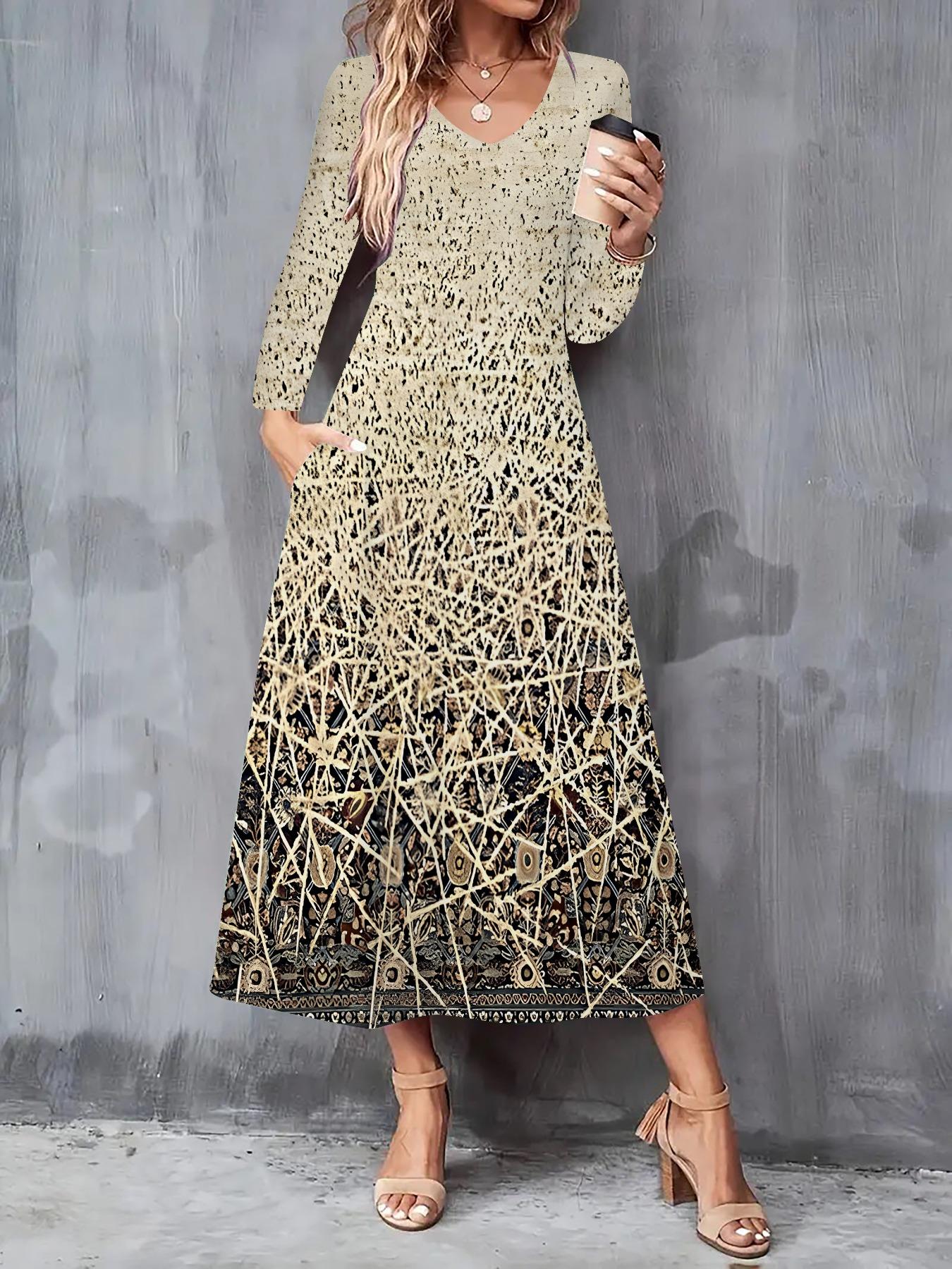 

2025 Осень и Зима Новое Женское Повседневное Модное Платье 3D Ретро Принт с Узором Длинный Рукав V-образный Вырез А-силуэт Платья XXL коричневый