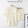 Summer Muslin Pajamas for Women Cardigan V-neck Short-sleeved Shorts 2pcs Sleepwear Floral Sweet Kimono Cotton Pajama