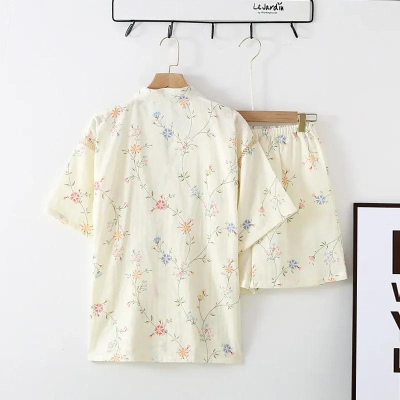 Summer Muslin Pajamas for Women Cardigan V-neck Short-sleeved Shorts 2pcs Sleepwear Floral Sweet Kimono Cotton Pajama