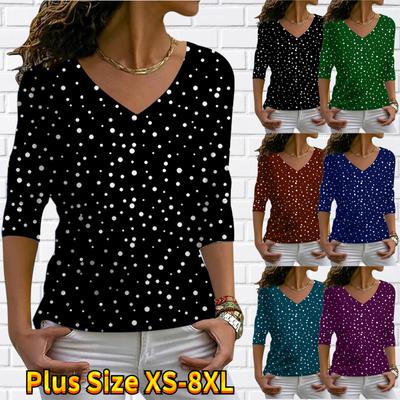 Frauen Herbst Floral Weiß Wavelet Punkte Gedruckt Langarm T-Shirts Lose V-ausschnitt Plus Größe T-shirt Tops Bequeme Bluse