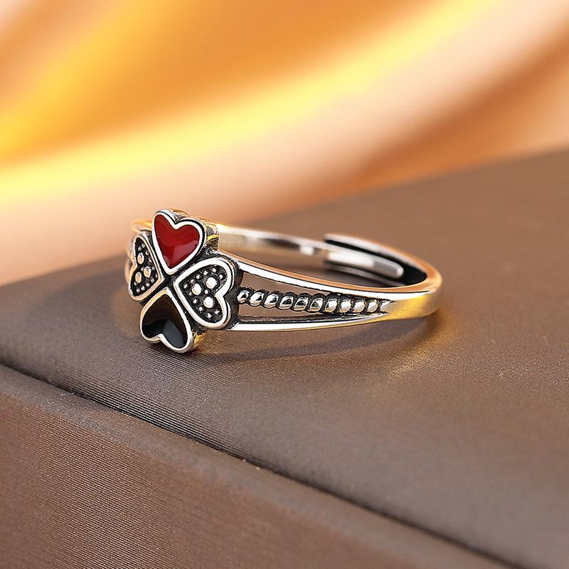 Aishang High-End Clover Heart-Shaped Enamel Vintage Distressed Trendy Niche Open Ring Direct Sale