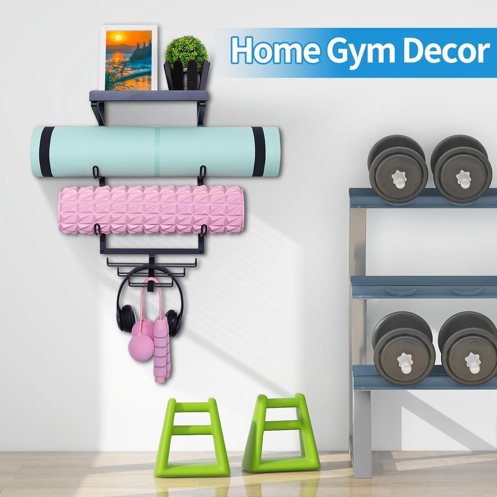 Duvara Monte Edilebilir Yoga Matı Tutucu Yoga Matı Saklama Rafı Ev Spor Salonu Aksesuarları Köpük Rulo ve Direnç Bantlarını Asmak İçin 3 Bölmeli ve 7 Kancalı