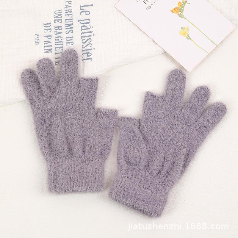 Winter Two Finger Touchscreen Rib Stitch Jacquard Plush Warm Knit Student Thick Half Finger Gloves