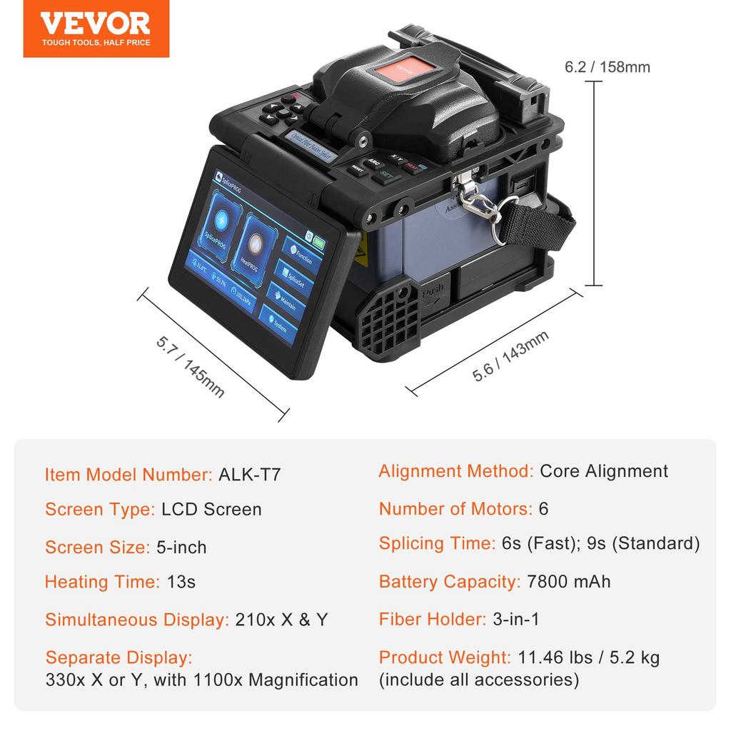 VEVOR Fiber Fusion Splicer 6-Motor, Core Alignment Fiber Optic Splicer 6s Splicing & 13s Heating, Fiber Splicer Machine with 5" LCD Screen
