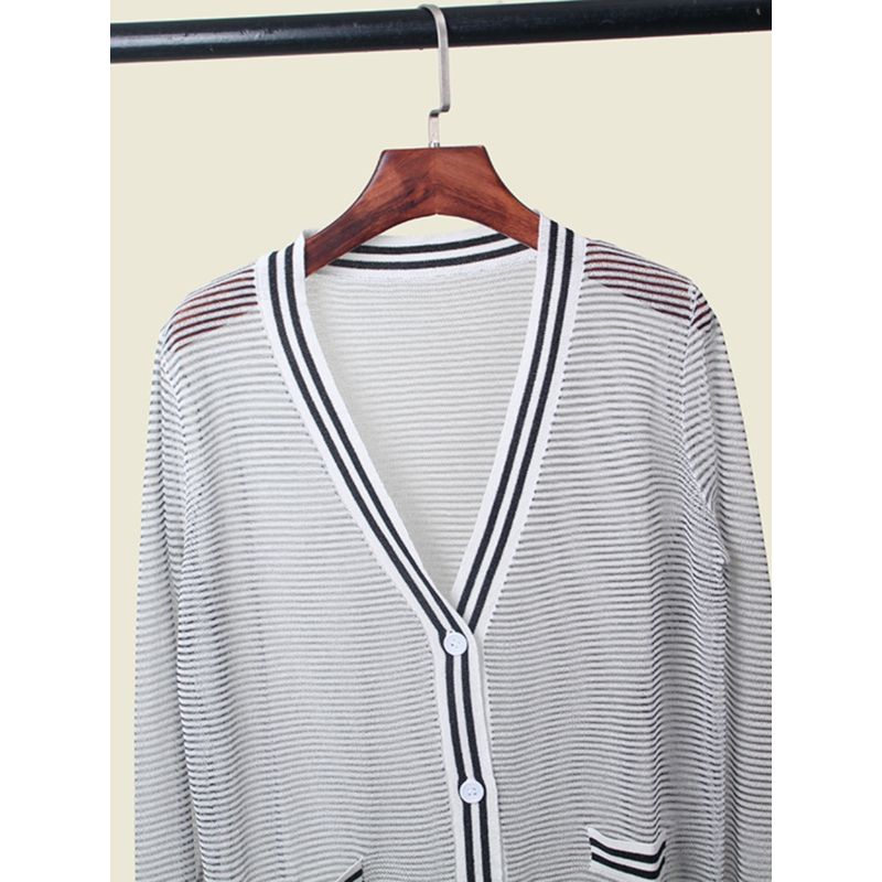 French Style Normcore V Neck Long Sleeves Thin Color Matching Sun Protection Shirt Summer Hollow-out Elegant Knitting Cardigan Women