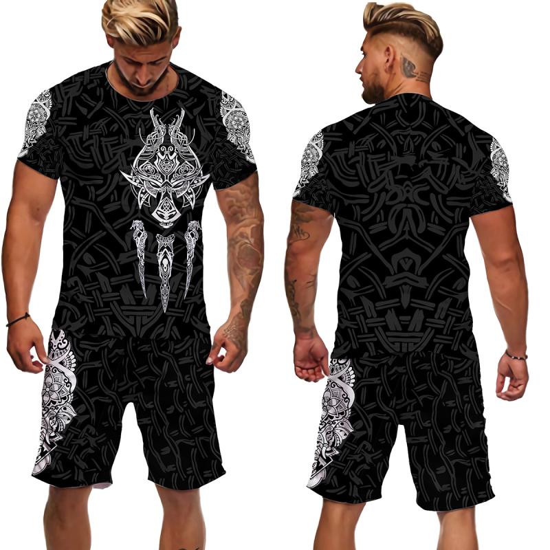 Viking Summer Men T Shirt Set 3D Printed Vintage Clothes Short Sleeve Tshirts Shorts Oversized Tracksuit Fashion Men Sport Suit