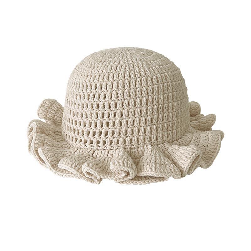 Spring, Autumn and Winter Crochet Pleated Bamboo Hat Adult Lace Wool Hat Ruffle Leaf Edge Pullover Fisherman Bucket Hat