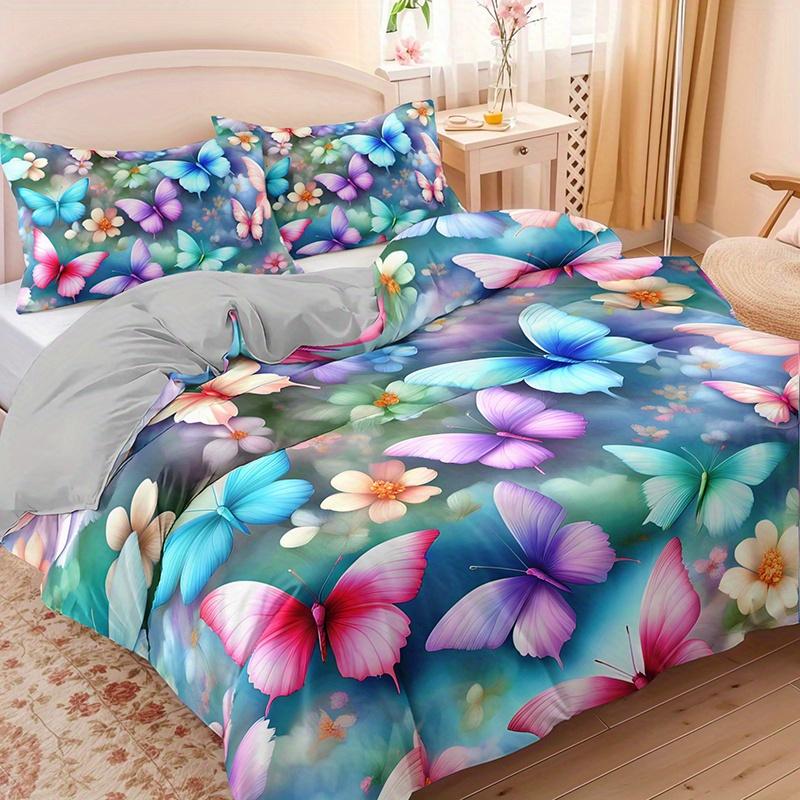 3Pcs Colorful Butterfly Floral Bedding Duvet Cover Set Butterfly Garden Bedding Quilt Set Butterfly Themed Spring Butterfly