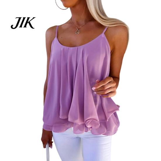 Casual Vacation Tops Women Lightweight Chiffon Sleeveless Blouse Layered Ruffle Hem Loose Fit Summer Sling Vest Sundress S фиолетовый