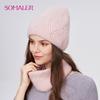 SOMALER Women's Winter Warm Fluffy Angora Hat Scarf Set Warm Angora Wool Knit Beanie  Neck Warmer 2 in 1 Gift Set