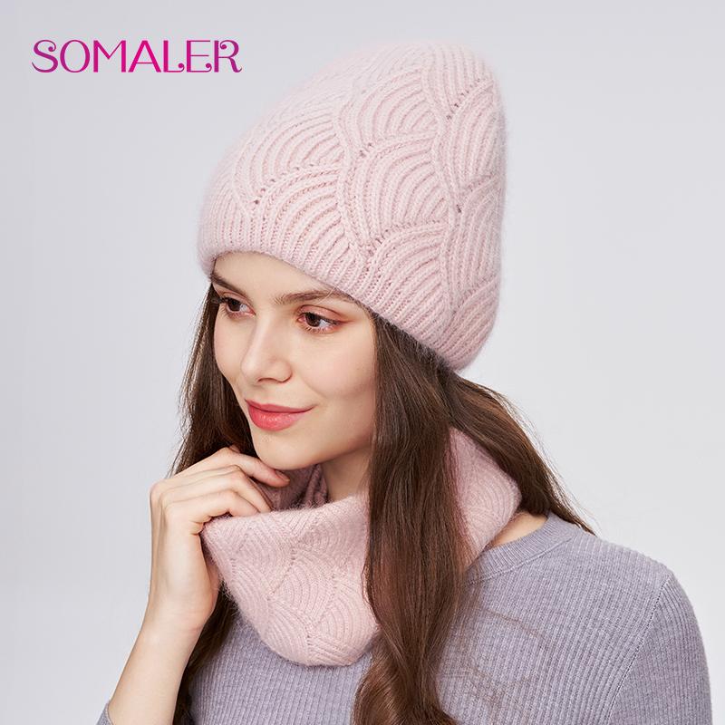SOMALER Women's Winter Warm Fluffy Angora Hat Scarf Set Warm Angora Wool Knit Beanie  Neck Warmer 2 in 1 Gift Set