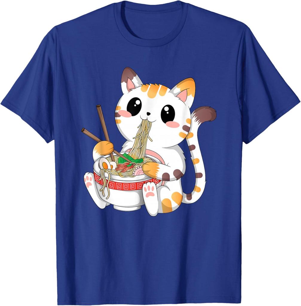 Cute Ramen Eating Kawaii Cat Graphic Tee Anime Neko Lovers Casual Cotton T-Shirt