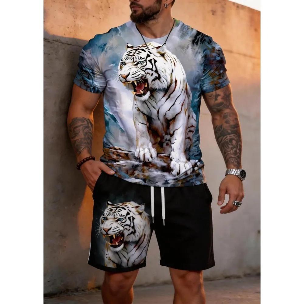 Summer Fashion Men's Personalized Fun Animal 3D Printing Two-piece Set Fashionable Comfortable Breathable Loose Large Size Sports Wear