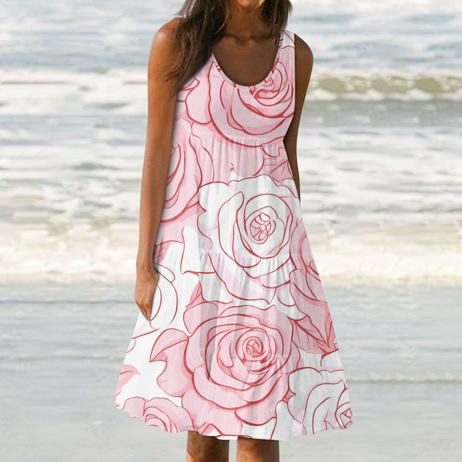 

Женские платья-жилеты Лето-весна Плиссированные богемные платья Симпатичные струящиеся пляжные платья без рукавов Прямая футболка Платья-майки Платья с круглым вырезом M