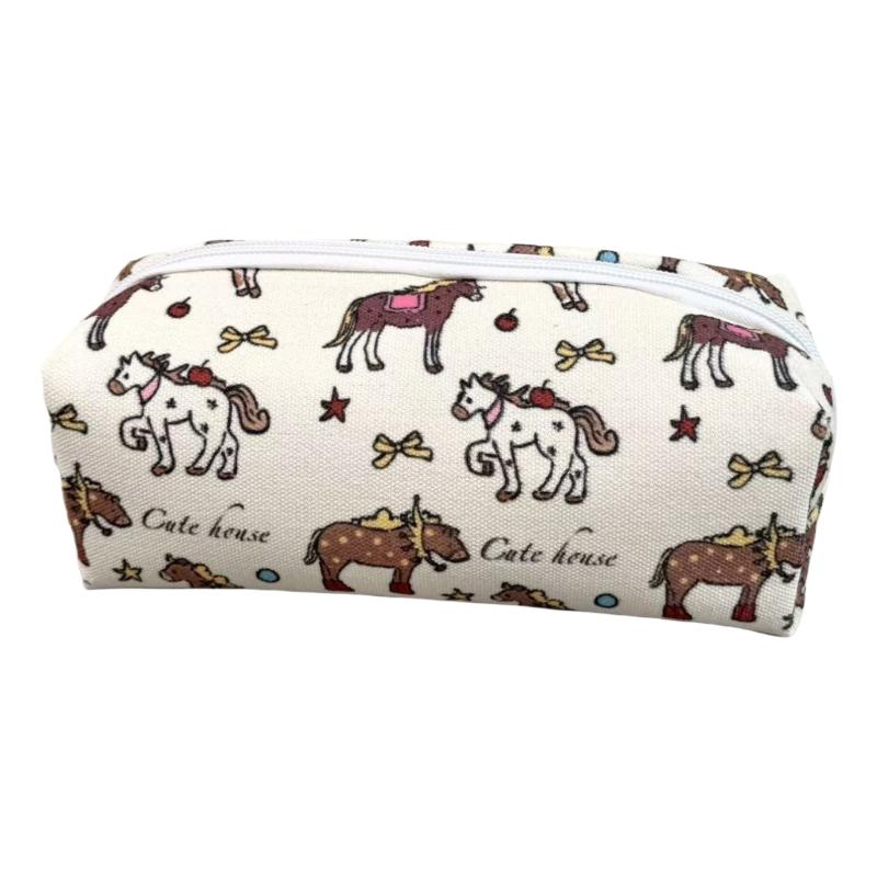 

Cute Horse Print Pencil Case – Canvas Zipper Pouch for Stationery, Cosmetics & Daily Essentials