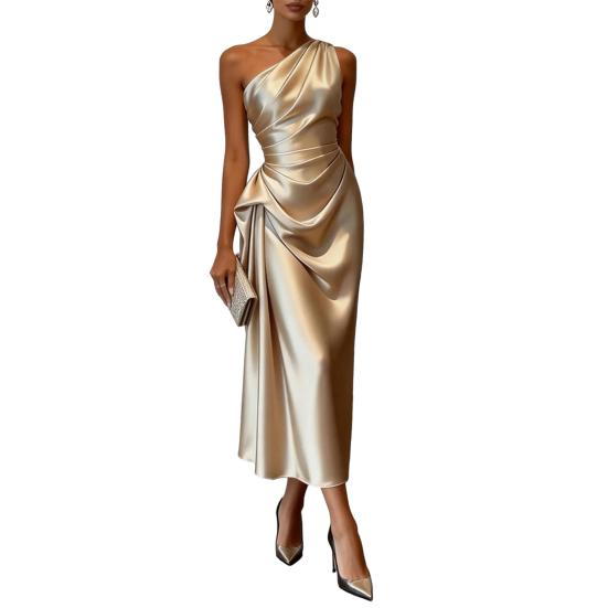 One Shoulder Satin Prom Dress Summer Sleeveless Party Cocktail Midi Dress Ruched S хаки