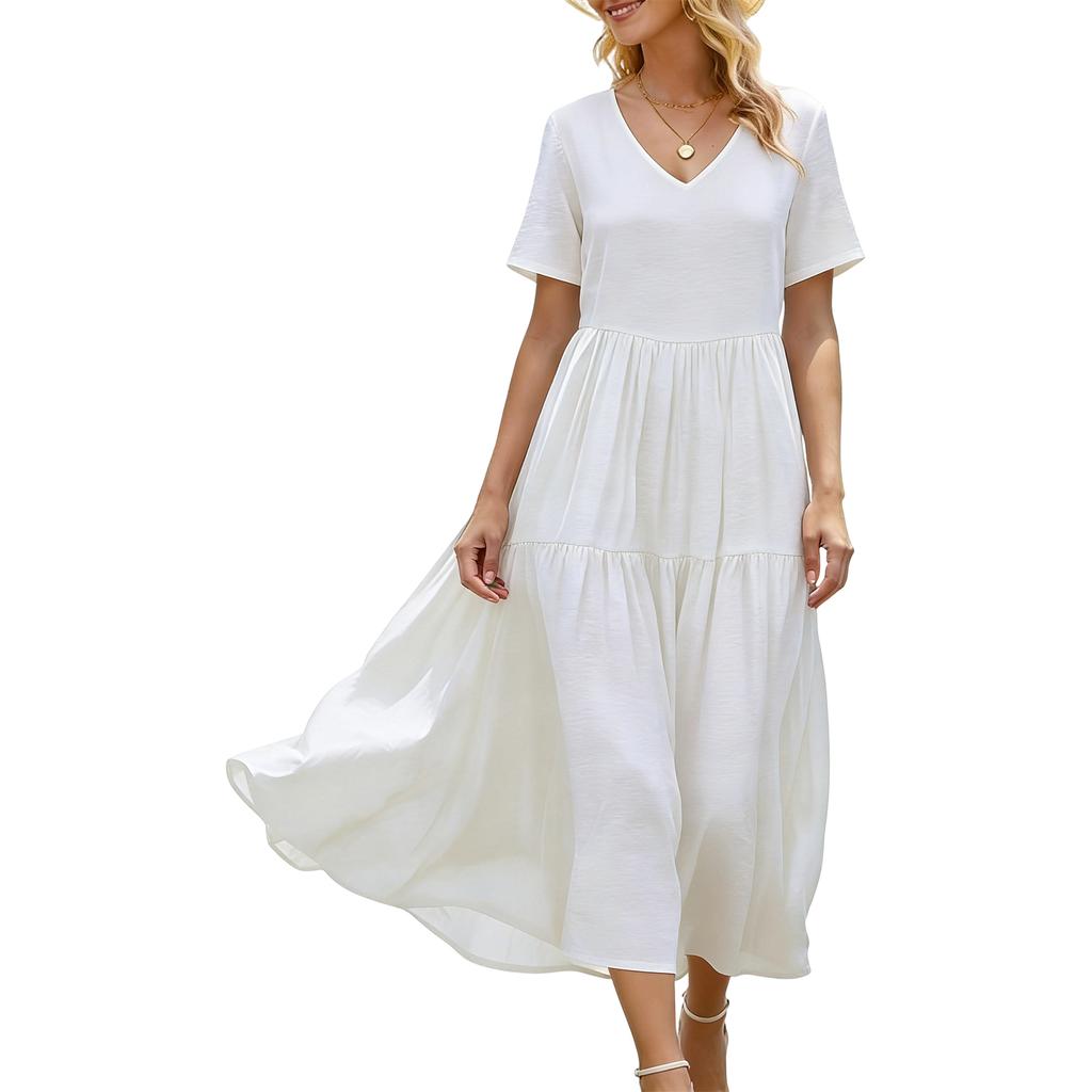 Women's Summer Dresses Casual Short Sleeve V Neck Beach Vacation Swing Dress with Pockets