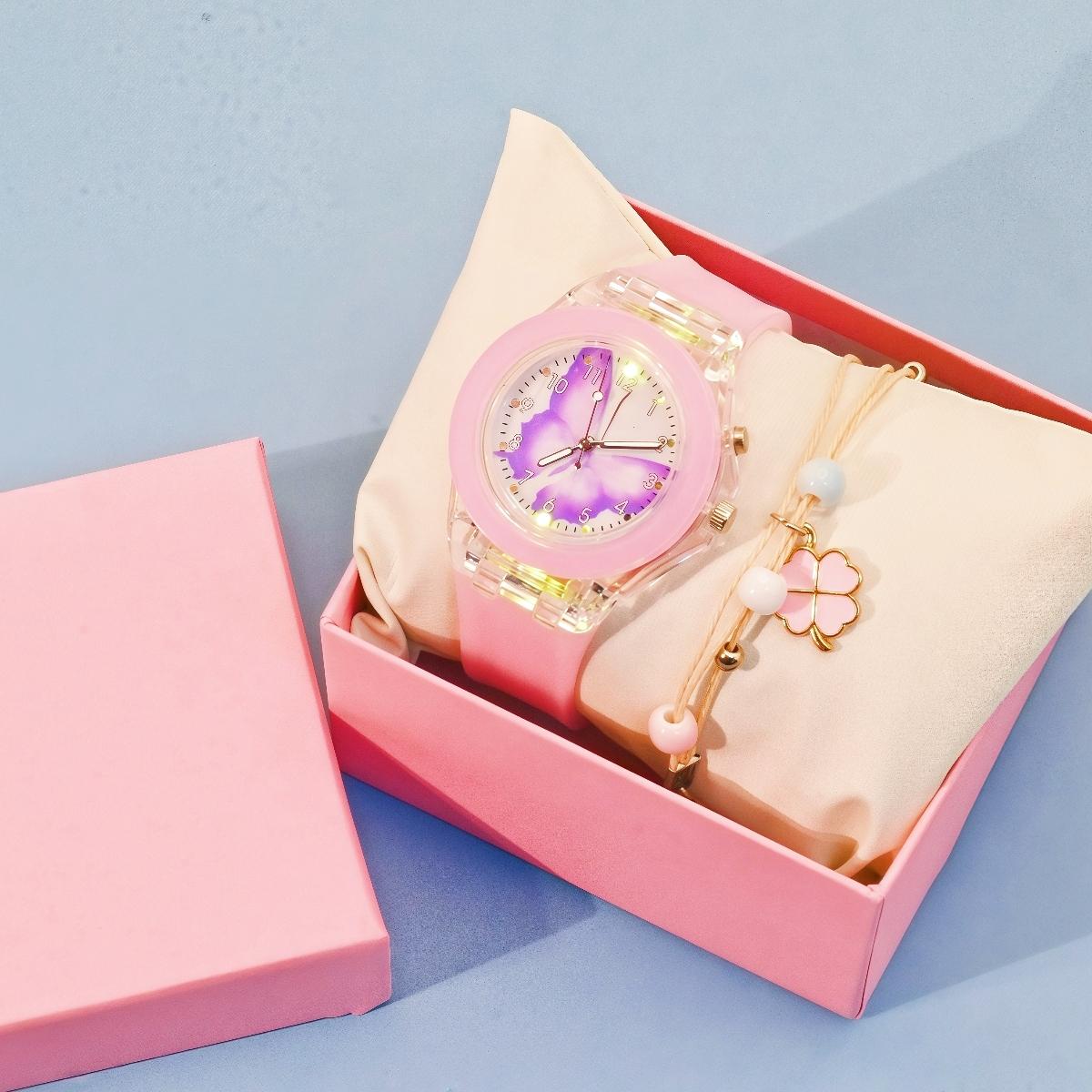 

Fashionable trend new high-end design sense niche cute butterfly dial women s silicone watch and bracelet two-piece set ярко-розовый