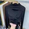 Plus Size Women's Semi-High Neck Hollow Out Long Sleeve T-Shirt for Autumn/Spring