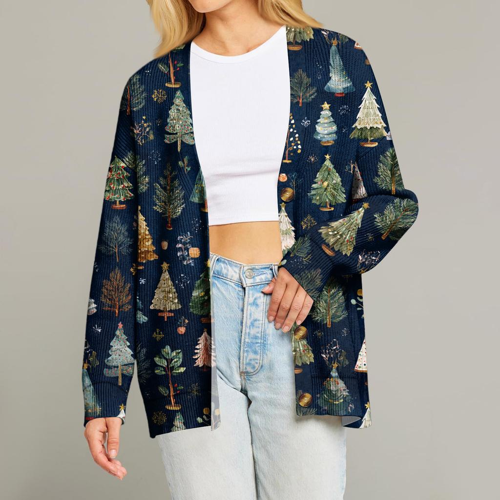 Women's Fashion Long Sleeve Print V-Neck Button Loose Cardigan Top