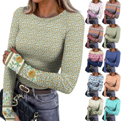 Women's  And Winter Slim Bottom T-shirt Fashion Casual Gradient Printing Round Neck Pullover Long Sleeve Top