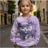 Kids Crew Neck Long Sleeve T‑Shirt, Cute Cat 3D Print Casual Loose Halloween Party Daily Wear Tops for Children