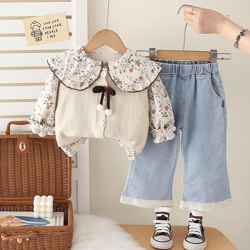 

Комплект из 3 предметов с длинным рукавом для девочек, вязаный кардиган-жилет для девочек 0-5 лет + рубашка с цветочным принтом и лацканами + повседневные джинсовые брюки S бежевый