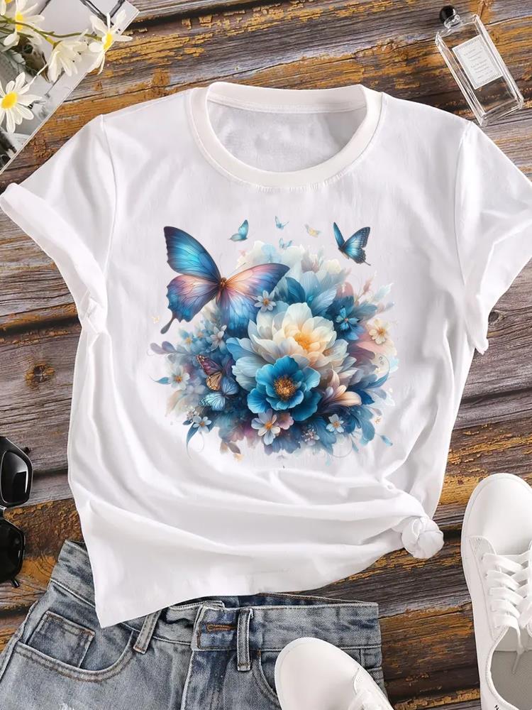 (Asian Size) T-shirts Printed Clothing Lady o-neck Short Sleeve Female Top love heart flower Casual T Shirt Fashion Women Graphic Tee