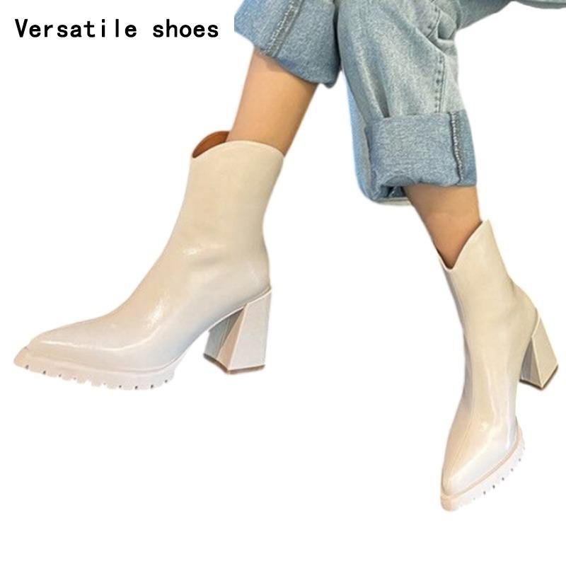 Pointed Toe High Heels Women Chelsea Ankle Boots Leather Shoes  Winter New Retro Snow Boots Goth Gladiator Pumps Botas Mujer