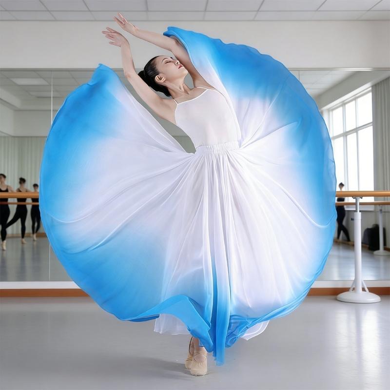 Women's Lyrical Dance Skirt Gradient Color Chiffon Long Swing Sheer Wrap Skirts for Modern Ballet Performances