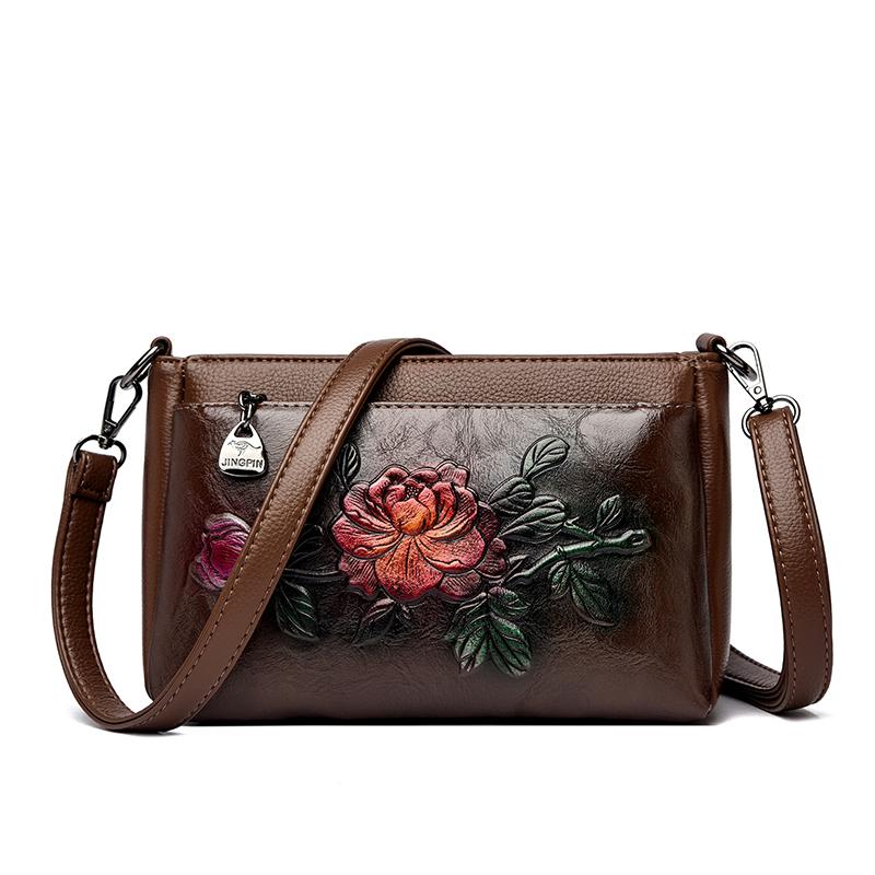 Damen Geprägte Blume Umhängetasche Vintage Florale Schulterhandtasche PU-Leder Tägliche Pendlertasche Lässige Mehrzweck-Geldbörse für Mama Arbeit Einkaufen