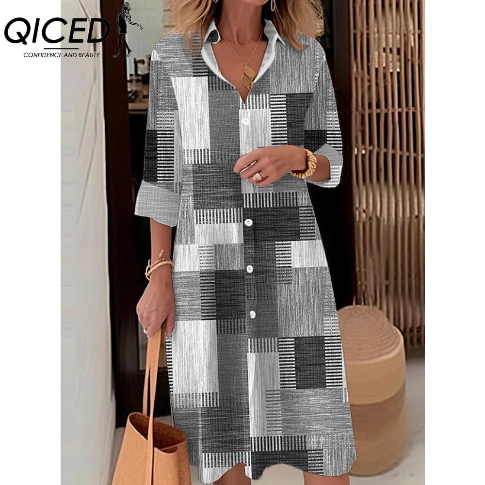 QICED Women Fashion Spring Autumn Color Block Print Long Sleeve Polo Collar Loose Waist Casual Dresses