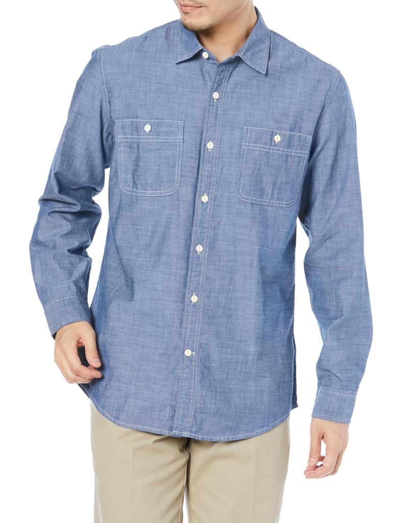 Amazon Essentials Men's Regular Fit Chambray Shirt, Long Sleeve, Rinse, Size L