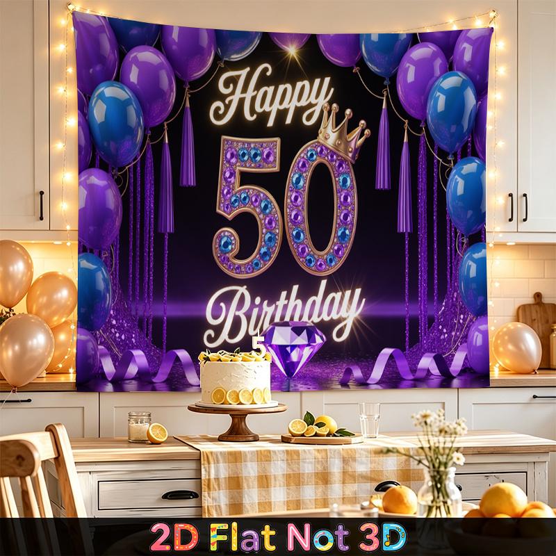 Party Backdrop Happy 50Th Birthday Birthday Blue Purple 50Th Photo Booth Background Front Door Decor