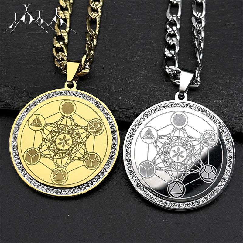 Crystals Sacred Geometry Metatron Angel Seal Archangel Necklace for Women Men Stainless Steel Flower of Life Chain Jewelry