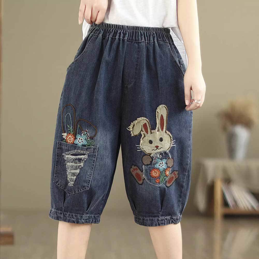 Summer Cartoon Ethnic Embroidery Denim Shorts for Women Loose Casual Drawstring Harem 5 Minute Mid Length Pants